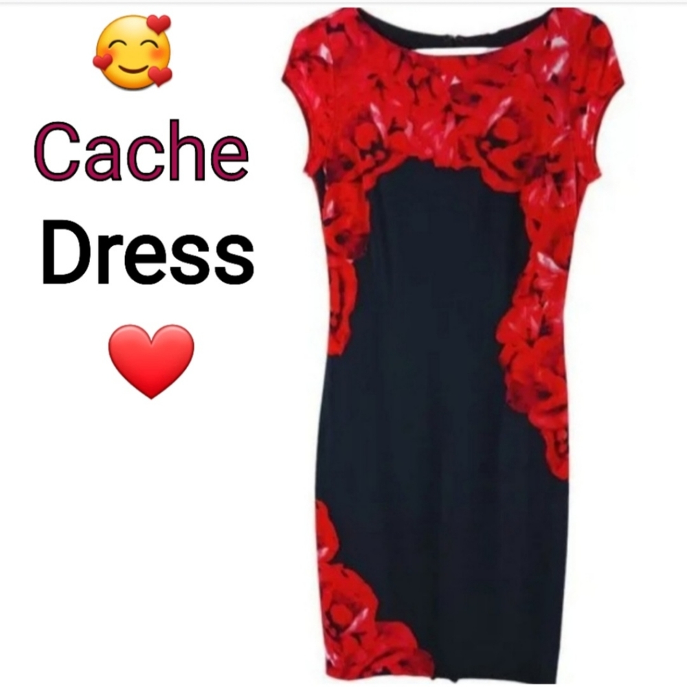 Cache Floral Red Rose Black Dress Size S